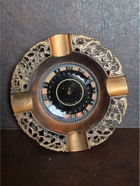 Vintage Las Vegas Filigree Copper/Brass Roulette Wheel Novelty Ashtray Spins!